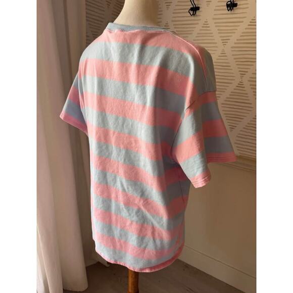 Fantastic Fawn Women’s Small Oversized Blue Pink Stripe Short Sleeve Basic Top - Picture 4 of 6